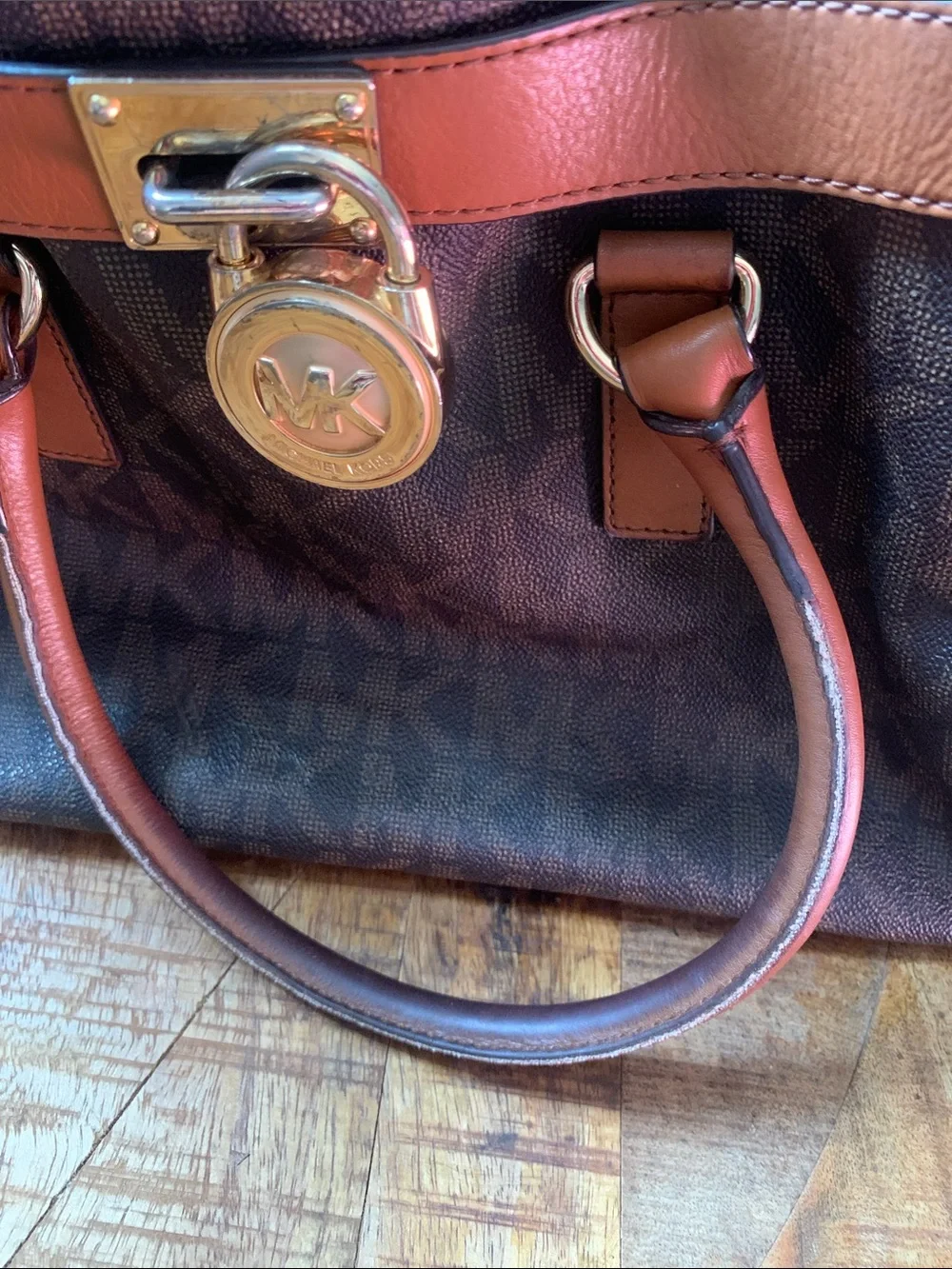 Michael Kors Brown Monogram Satchel with Tan Trim and Gold Hardware